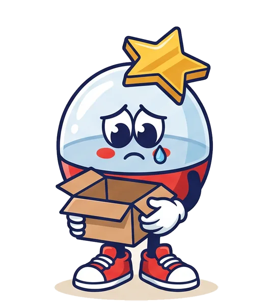 Cappy the capsule mascot holding an empty box, teary-eyed